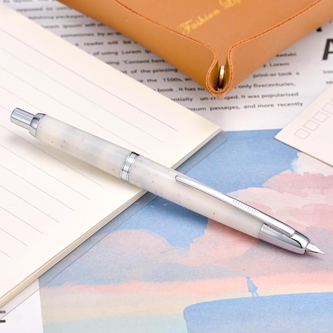 Jinhao 20 Press Retractable Fountain Pen Fine Nib with Converter Resin Writing Gift Pen, White Snow with Silver Clip