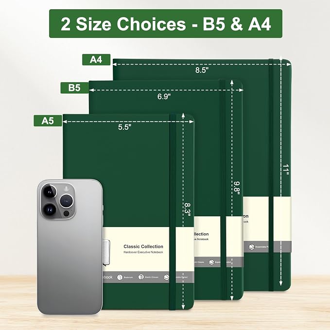 Comix B5 Lined Journal Notebooks, 208 Pages, 6.9 x 9.8 Inches, Dark Green, Hardcover Journaling Notebooks for Men & Women- Fits for Office, Business, School, Notes Taking & Writing