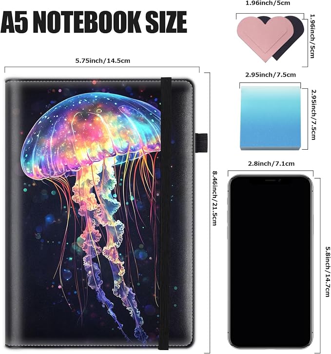 Hardcover Executive Notebooks, A5 PU Leather Lined Journal Notebook, 200 Pages Thick Paper Subject Notebooks for School,Work,Home Writing Business Notebook, Diary Book ，Colorful Jellyfish 2