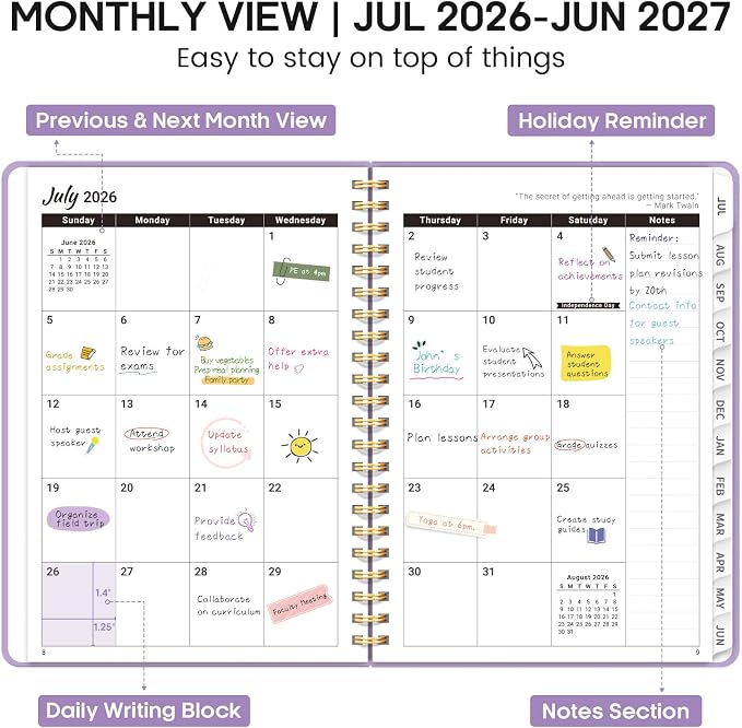 Academic Planner 2026-2027, Weekly and Monthly Calendar Planner Book, July 2026 – June 2027, Hardcover Organizer with Tabs, Perfect for Teachers, Students, Women & Men, A5 (6.4" x 8.5") - Lavender