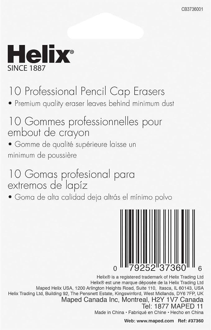 Helix - Professional Pencil Cap Erasers 10ct - Efficient Correction - Durable & Clean - Ideal for Students and Professionals - Latex Free