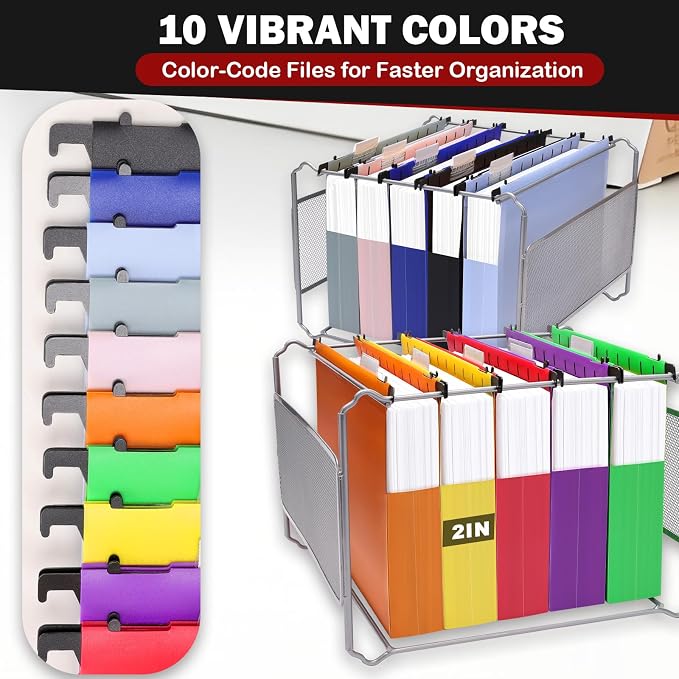 Navona 10 Pack Plastic Hanging File Folders, Letter Size | Heavy Duty 2" Expanding Pockets with Clear Tabs, Reusable File Organizer for Home, Office & Filing Cabinets, 10 Colors