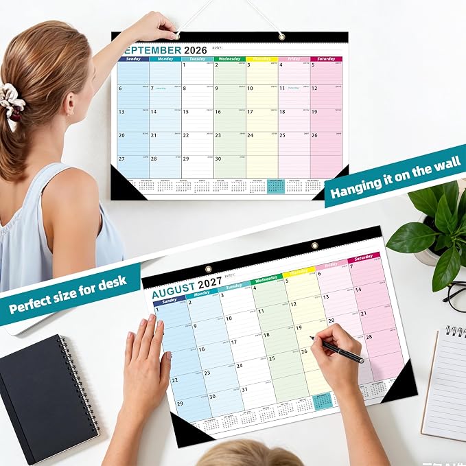 ZTX Desk Calendar 2026-2027 Calendar Desk Calendars 2026-2027-18 Month Planner Big 17"x12" Jul.2026-Dec.2027 Clear Plastic Cover for Home Office School Colorful