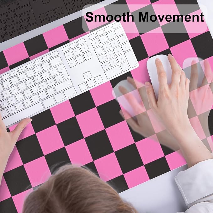 Colorful Star Black Pink Plaid PU Leather Mouse Pad, 31.5" x 15.7" | Waterproof Office Desk Mat, Non-Slip Gaming Mouse Pad, XXL PC Laptop Protector Pads, Desk Writing Pads for Office Home