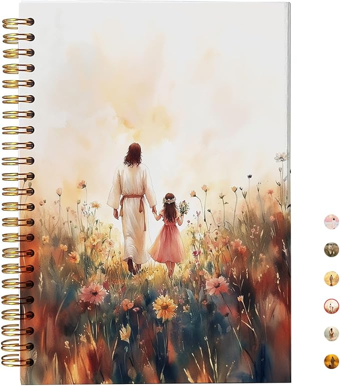 Christian Notebook – Jesus and Little Girl in Floral Field – Inspirational Faith Journal with Sunset Art – Lined Spiral Diary for Women & Girls, Spiral Bound 5.5x8.3 Inches
