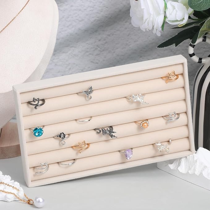 8 Pcs Velvet 7 Slots Ring Earrings Trays Showcase Display Jewelry Organizer Ring Holder Display Tray for Selling Rings Earrings Show (Beige)