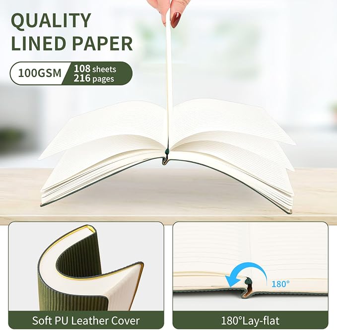TSFPapier A5 Lined Notebook with Pen & Gift Box 216 Pages PU Leather Journal for Women Men 100GSM Thick Paper College Ruled Notebook for Gifts, School,Travel,Business,Work,Home Writing (Dark Green)