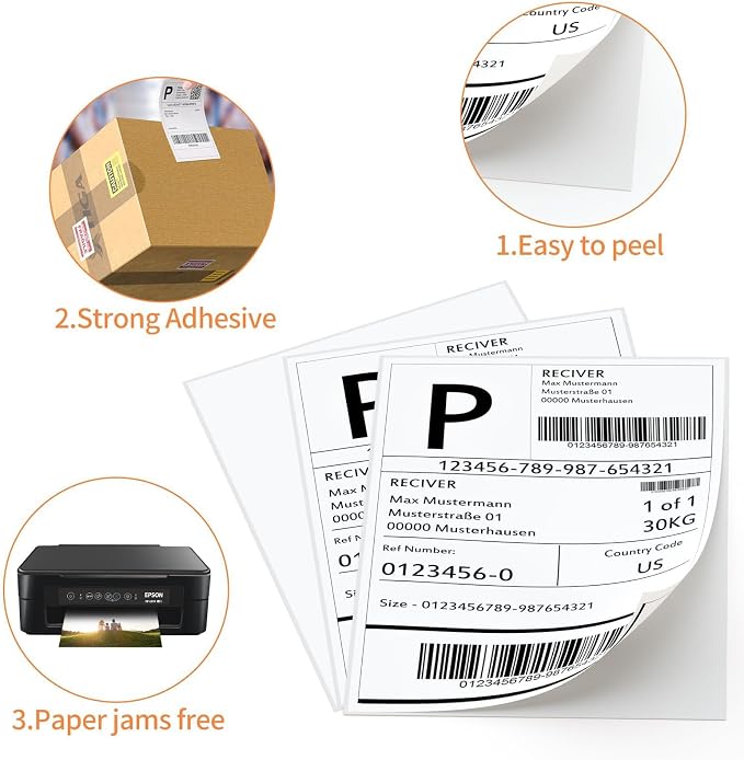 8.5" x 11" Sticker Paper for Inkjet Printers - 600 Sheets Full Sheet Shipping Labels Printable Full Page Labels 8.5×11 White Sticker Paper for Laser Printing - Matte