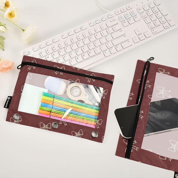 Gredecor 3 Ring Binder Pencil Pouch, Burgundy Maroon Bows Zippered Pen Case Pouches with Clear Window, 2 Pack Stylish Office & School Supplie