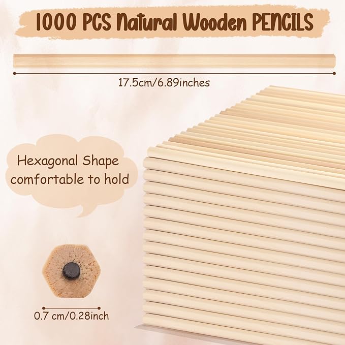 Fumete 1000 Pieces Wooden Pencils Bulk No Eraser Hexagonal HB Graphite Unsharpened Natural Wood Pencils Without Erasers Classroom Gifts for Students Bulk Goodie Bag Stuffers