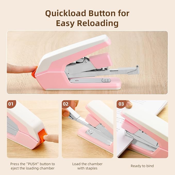 Deli Stapler, Effortless Staplers for Desk, 3 Pack, 3 Colors | 40-50 Sheet Capacity Heavy Duty, One Touch, No Effort, Easy to Load, With 4500 Staples & Staple Removers
