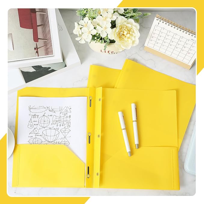 Yeaqee 400 Pcs Plastic 2 Pocket Folders with Prongs Bulk for Back to School, 3 Prong File Folders Fit Letter Size Paper, for School Office Homework Paperwork Organization Supplies (Yellow)