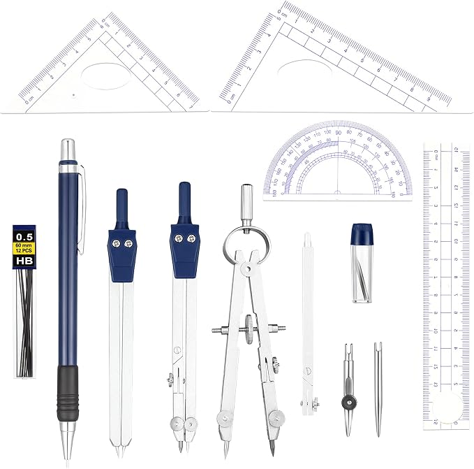 Outus 13 Pcs Geometry Set for Students Metal Compass Math Protractor | Rulers Mechanical Pencil Lead Refills Storage Box Protractors Kit for School Class Student Drafting Drawing