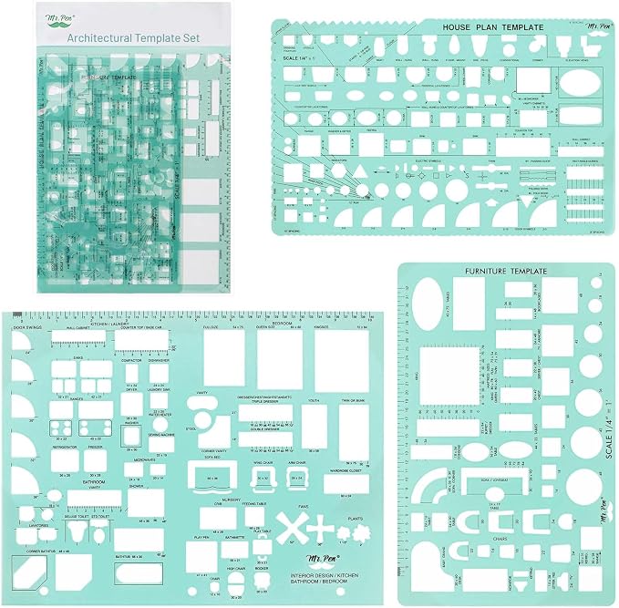Mr. Pen- House Plan, 3 pcs, Interior Design and Furniture Templates | Clear Flexible Plastic, Drafting Tools, Ruler Shapes for Architecture, 1/4 Inch Scale, Kitchen, Bath, Bedroom, Office