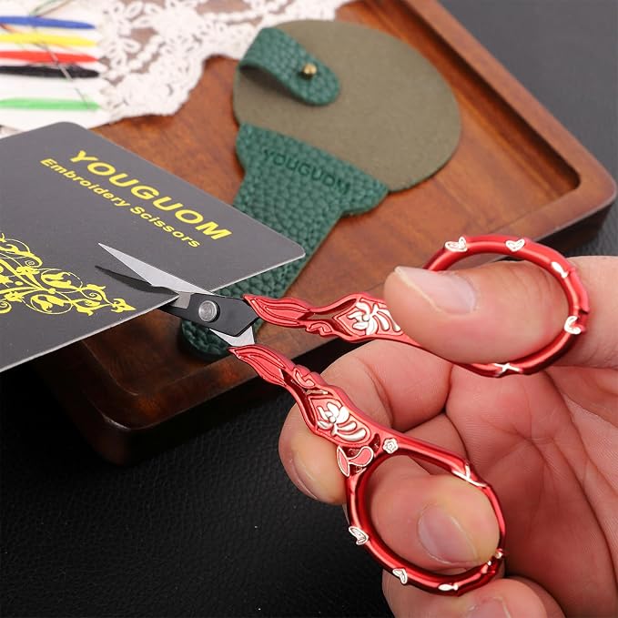 YOUGUOM Small Sewing Scissors with Cover, Needlework Shears | Sharp, Precision, Tiny Tip, for Embroidery, Craft, Crochet, Yarn, Scrapbook,Paper Cutting, Detail Thread Snips, Red