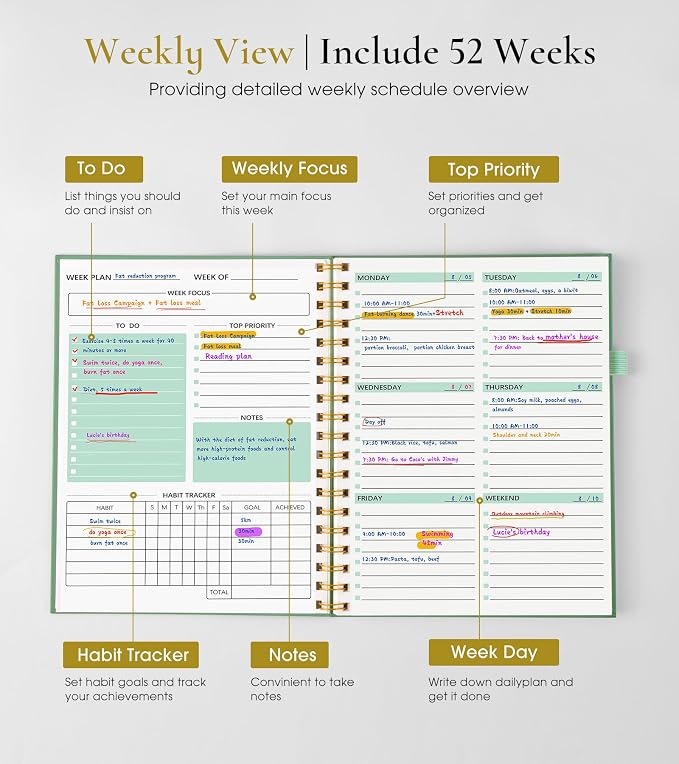 Undated Weekly and Monthly Planner, B5 Large Weekly To Do List Notebook with Goal & Habit Tracker Organizer, Hardcover Spiral Bound Blank Monthly Planner for Work School Home 7.4" x 9.64" Green