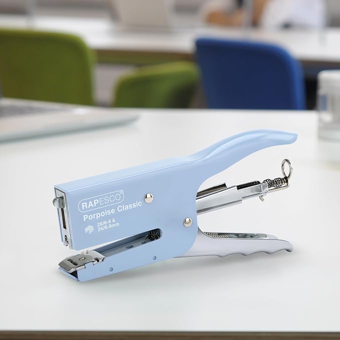 Rapesco 1355A Porpoise Classic Stapling Plier with 10.000 Staples, Type 26 Standard 5/16", 45 Sheet Capacity, Uses Type 26 Standard and Type 24 High-Capacity Staples, All Metal, Powder Blue | 45 Sheet Capacity, Includes 10,000 Type 26/8mm Staples, Powd...