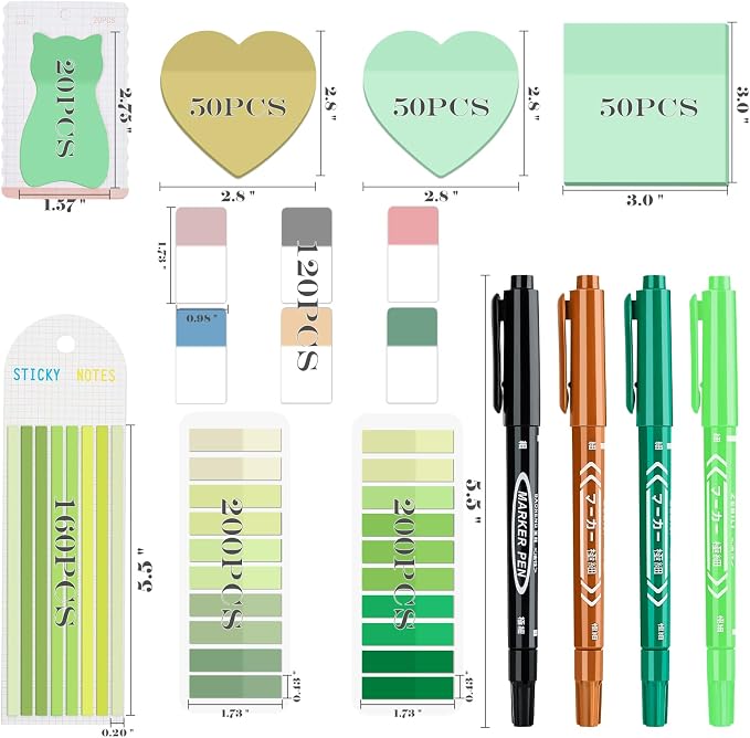 BAYTORY 850 Sheets Transparent Sticky Notes with Permanent Markers (Green) | Clear 3 x 3 inch Sticky Note to Post Book Annotation Kit, See Through Self-Adhesive Index Tabs for Bible Journaling