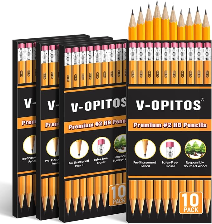 V-Opitos 40 Pack Bulk Pre-Sharpened Wood-Cased #2 HB Pencils | Top Erasers, School Teacher Supplies, Writing, Drawing, Sketching, Classroom Supplies
