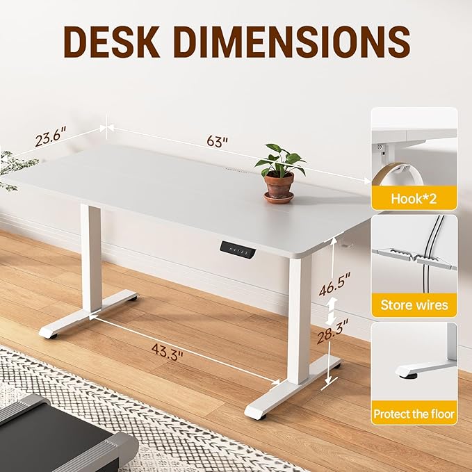 Veken 63×23.6 Inch Large Electric Standing Desk, Gaming Table, White | Height Adjustable Sit Stand Up Computer Tables for Home Office, Study , Writing, Suit students, employees and group work