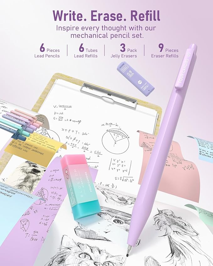 Four Candies School Supplies with Cute Pen Case, 39ct, Purple | Back to School Stationery Set, Essentials for College & Nursing Students, 5 Gel Pens, 6 Mechanical Pencils, 12 Highlighters