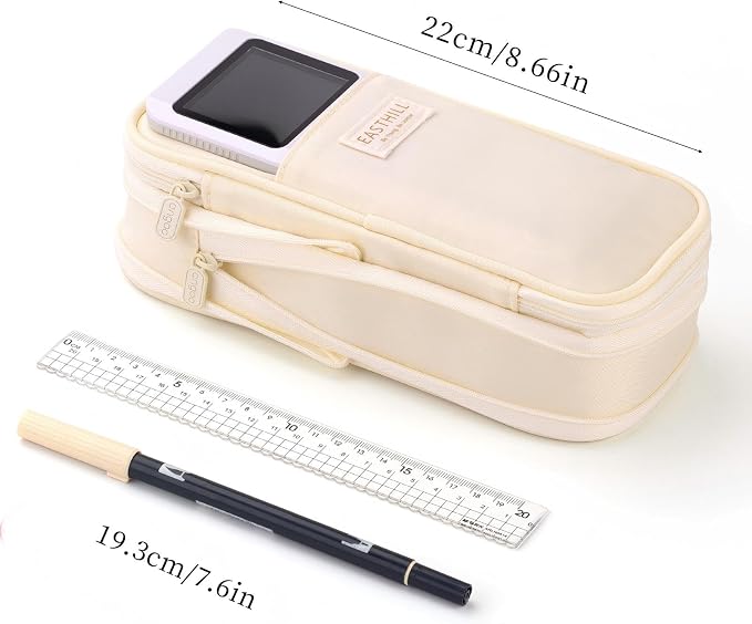 EASTHILL Big Capacity Pencil Case Large Pencil Pouch Stationery Pen Bag for Teen Girls-Cream