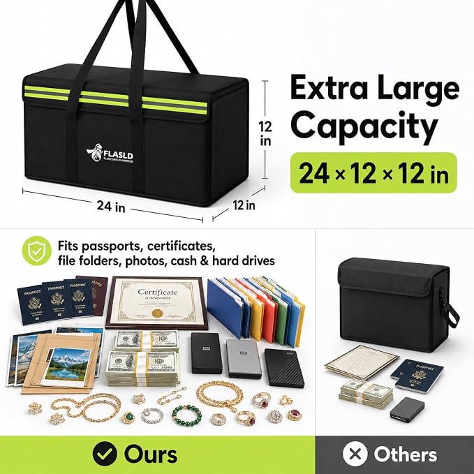 FLASLD Large Fireproof Document Bags, 24x12x12” Waterproof Storage Firesafe Bag, Fireproof Folder Safe Box for Cash, Valuables & Passport, Silicone Coating & Zipper Closure