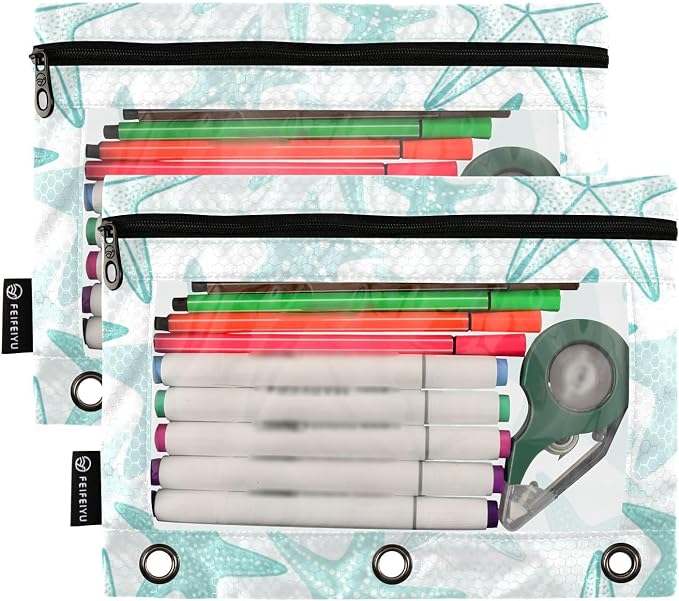 Gredecor Binder Pencil Pouch 3 Ring Starfish Monochrome Zipper Pencil Pouches Case 2 Pack Clear Binder Organizer for School Office