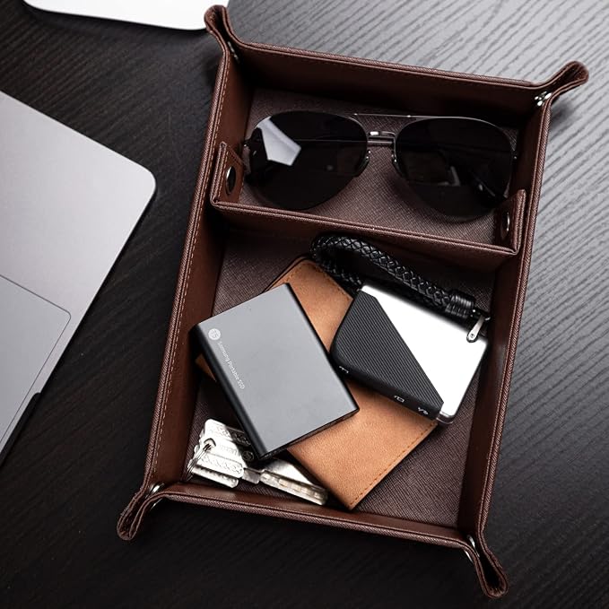 Valet Tray for Men PU Leather Tray Organizer with Partition Luxurious | Night Stand During Trays Storage Keys, Watch & Practical Storage for Table Nightstand Living Room Bedroom (Dark Brown)