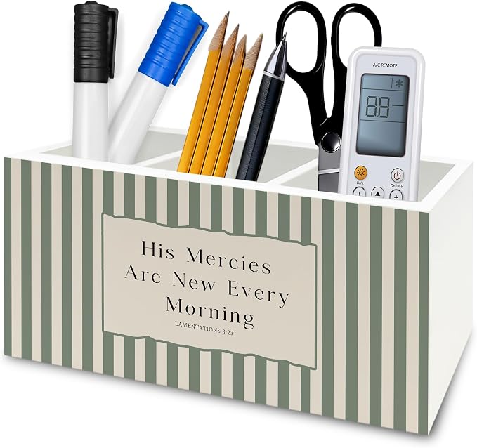 Sage Green Striped Christian Pen Pencil Holder Organizer for Desk, His Mercies Are New Every Morning Bible Verse Wooden Box Signs Decorations for Home Office Desk Tabletop, Christian Gifts