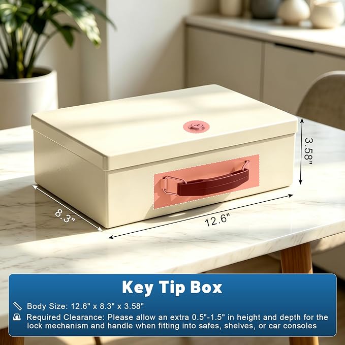KYODOLED Fireproof Document Box with Key Lock, Small Safe Box for Valuables, Fire and Water Resistance, Fireproof Lock Box for Passport, Cash, Tablet, Exterior 12.6'' x 8.3'' x 3.58'' Beige