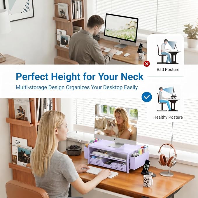 OPNICE Desk Organizers and Accessories, 2-Tier Computer Monitor Stand Riser with Drawer and 2 Pen Holders, Laptop Stand, Office Desk Accessories for Office Supplies, Purple