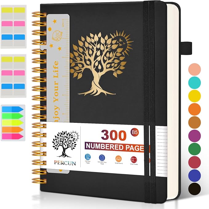 PERCUN B5 Spiral Notebook 300 Numbered Lined Pages Hardcover Journal 7"x10" | College Ruled Spiral Bound Notebook with Tabs, Large Leather Journal for Women Men, Work, School, Travel,Writing,Note Taking