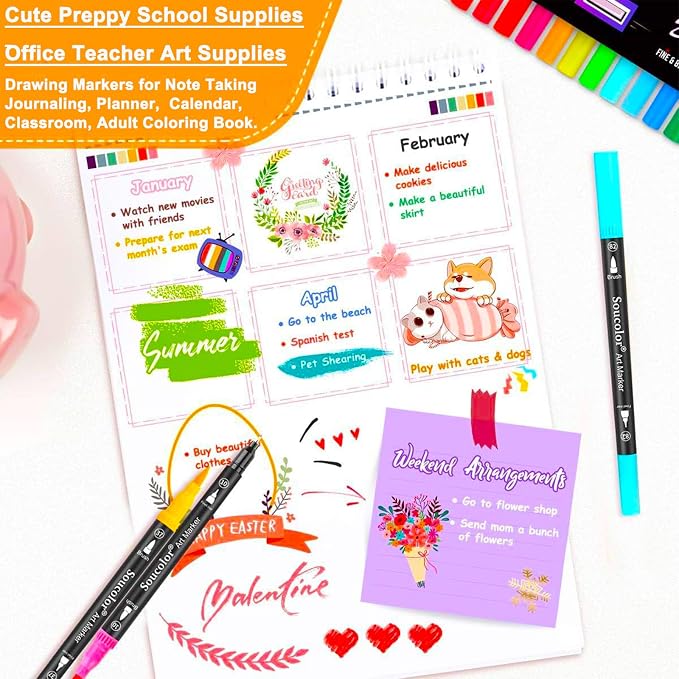 Soucolor 36 Dual Tip Brush Markers, Water-Based Art Pens, Adult Coloring | 36 Color Dual Tip Markers with Brush & Fine Point for Adult Coloring Books, Hand Lettering, Journaling & Art Projects