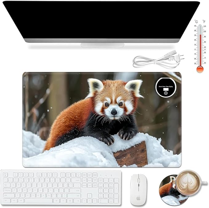 Heated Desk Pad Mouse Pad,Heated Desk Mat,with 3 Heating Levels & 3 Hours Auto Shut-Off,Leather 23.6"*14.2" Gaming Mouse Laptop Mat,Foot Warmer,Cute Raccoon Snow