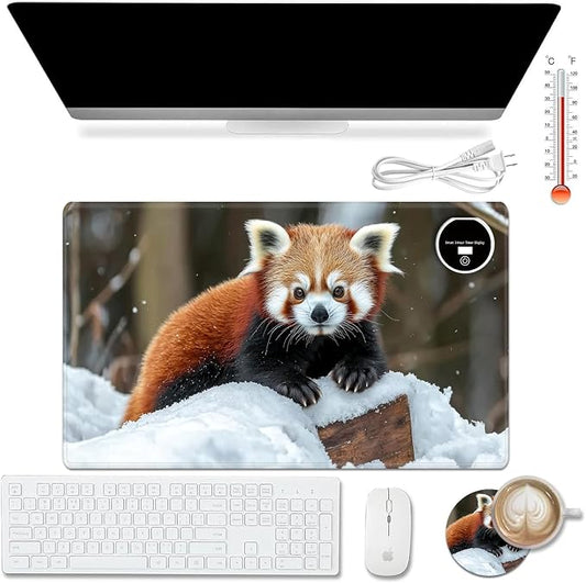Heated Desk Pad Mouse Pad,Heated Desk Mat,with 3 Heating Levels & 3 Hours Auto Shut-Off,Leather 23.6"*14.2" Gaming Mouse Laptop Mat,Foot Warmer,Cute Raccoon Snow
