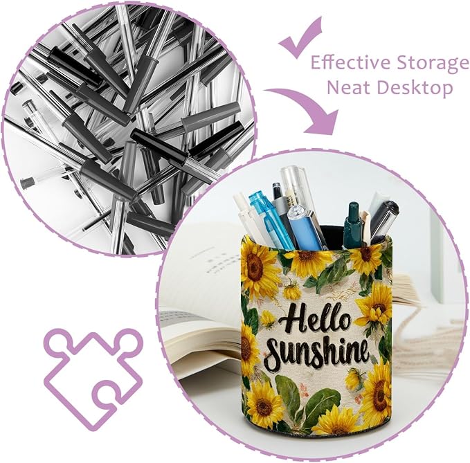Sunflower Leather Pen Holder for Desk, Multifunctional Desktop Organizer Pencil Cup, Desktop Caddy Stationery Organizer for School Home Office Desk Accessories