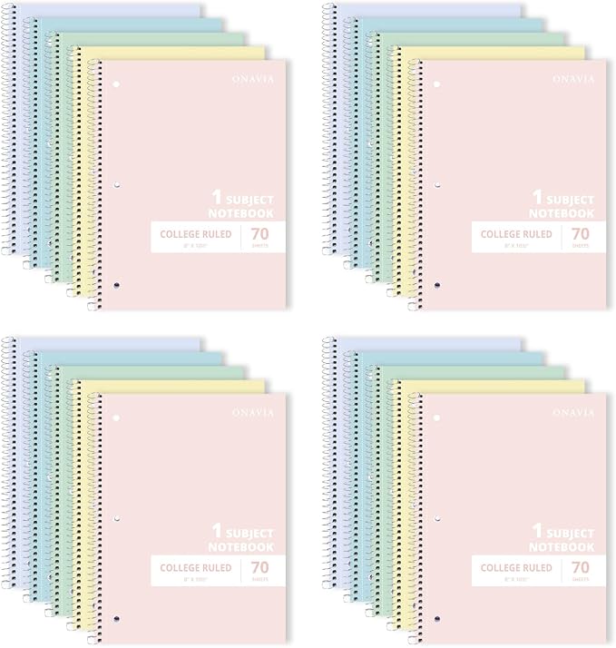 ONAVIA 1 Subject Spiral Notebook College Ruled Bulk, 140 Pages, Assorted | 70 Sheets, 8 x 10.5 in, 20 Pack School Notebooks, Spiral College Ruled Notebook, Students, Classroom