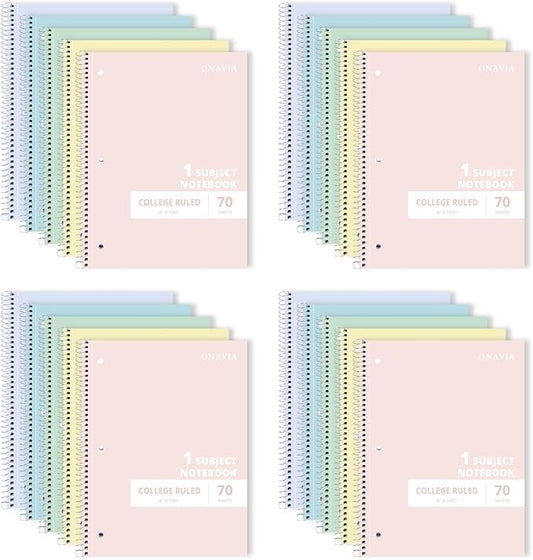 ONAVIA 1 Subject Spiral Notebook College Ruled Bulk, 140 Pages, Assorted | 70 Sheets, 8 x 10.5 in, 20 Pack School Notebooks, Spiral College Ruled Notebook, Students, Classroom