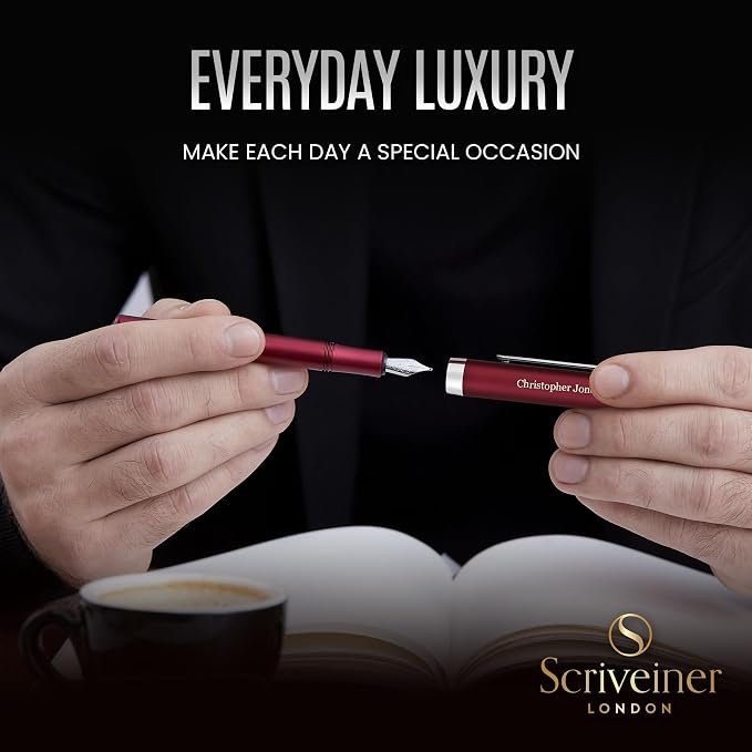Scriveiner Personalized Luxury EDC Fountain Pen (Medium), Stunning Matt Red Pocket Pen, Chrome Finish, Schmidt German Nib, Best Engraved Fountain Pen Gift Set for Men & Women, Name Engraving
