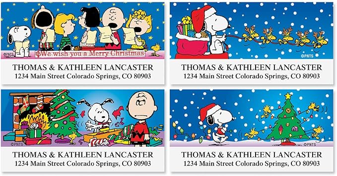 Colorful Images Peanuts Return Address Mailing Labels | Christmas Fun , 144 Count, Self-Adhesive on Flat-Sheet Labels, Customize with Name & Shipping Address