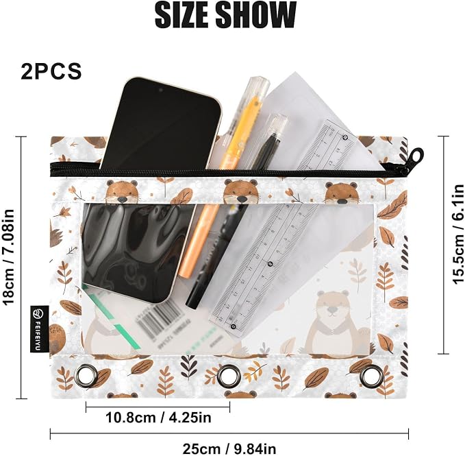 Cute Beaver Forest Animal Pencil Pouch for 3 Ring Binder 2 Pack Zipper Binder Pencil Bag Case with Clear Window Office School Supplies