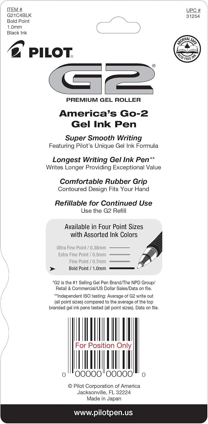 PILOT G2 Premium Refillable and Retractable Rolling Ball Gel Pens, Bold Point, Black Ink, (31254) 4 Count (Pack of 2)