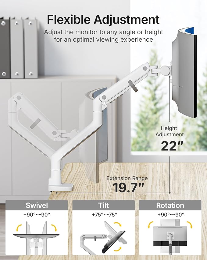 monTEK Heavy Duty Monitor Arm, 17-57" Ultrawide, Gas Spring, with USB，White | Desk Monitor Mount Holds Max 57" Ultrawide Curved Screen Up to 59.4 lbs with USB 3.0A/C,No Sag,Clamp & Grommet Arm,75/100VESA