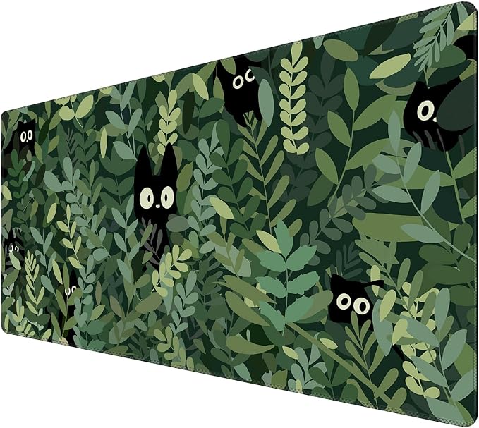 Kawaii Cat Mouse Pad Xl-31.5x15.7in-Anime Black Cat Green Plant Desk Mat Pad-Extended Aesthetic Keyboard Mouse Pad-for Desk Kid Girl with Stitched Edges Non-Slip Cozy Office Decor