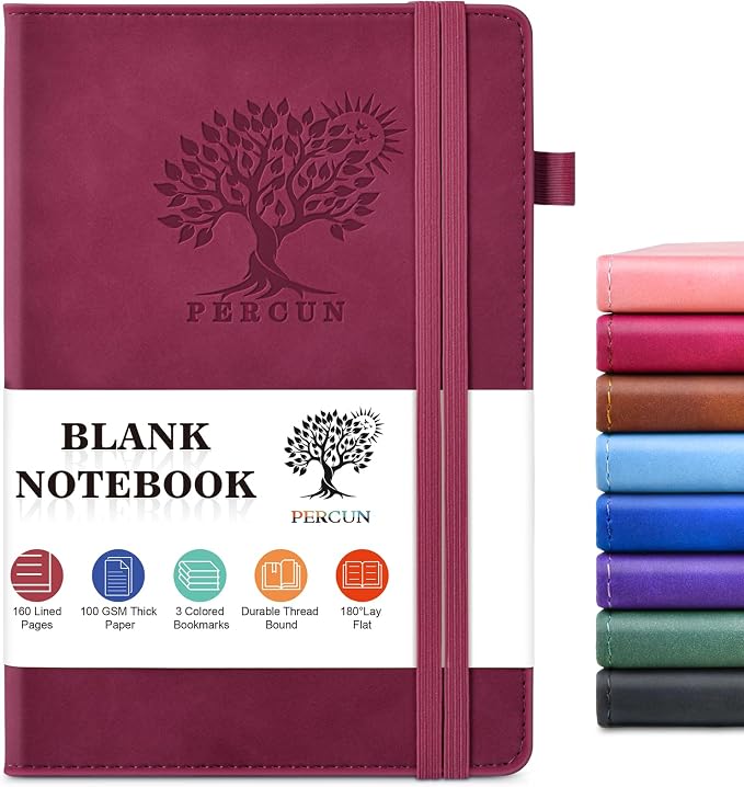 PERCUN Blank Journal Notebook, A5 Hardcover Sketchbook, 140 Pages 5.9"×8.5" | Leather Unlined Notebook for Drawing & Writing, Travel Diary, Art Journal for Men Women, School & Work