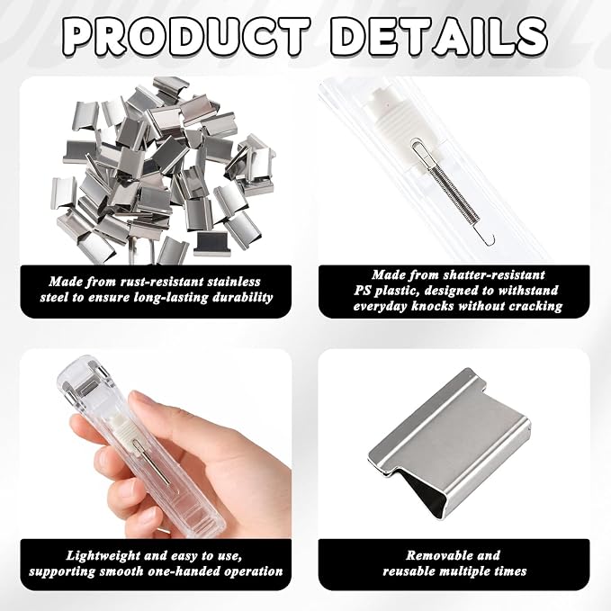 51 Pcs Portable Binder Clip Stapler Kit, Includes 50 Reusable Silver Clips, Push Clips for Paper Home School Desk Office Supplies