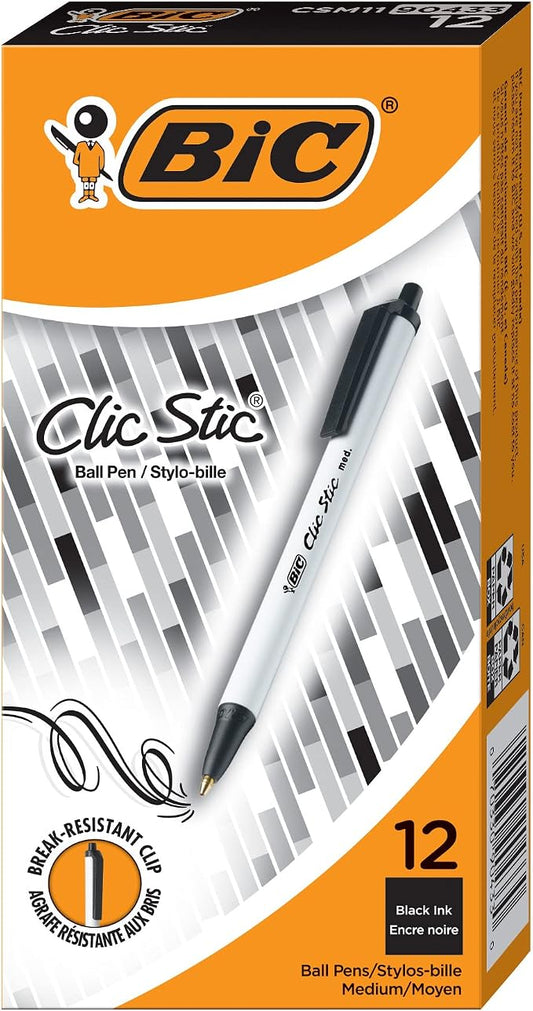 BIC Clic Stic Black Retractable Ballpoint Pens, Medium Point (1.0mm), 12-Count Pack, Round Barrel Design for Comfortable Writing