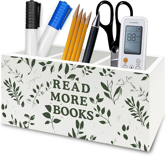 Reading Room Decor Pen Pencil Holder Organizer for Desk, Read More Books Botanical Wooden Box Signs Decorations for Reading Nook Corner Room Library Desk Tabletop, Book Lover Reader Gifts