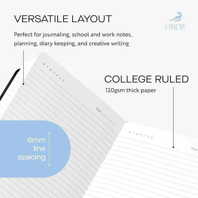 Oriole Vegan Leather Ruled Notebook - Black | 176 Pages of Thick Lined Paper | Soft Touch Hardcover Journal (5 x 8 in) with Gold Foil Bird Design & Luxury Gift Box